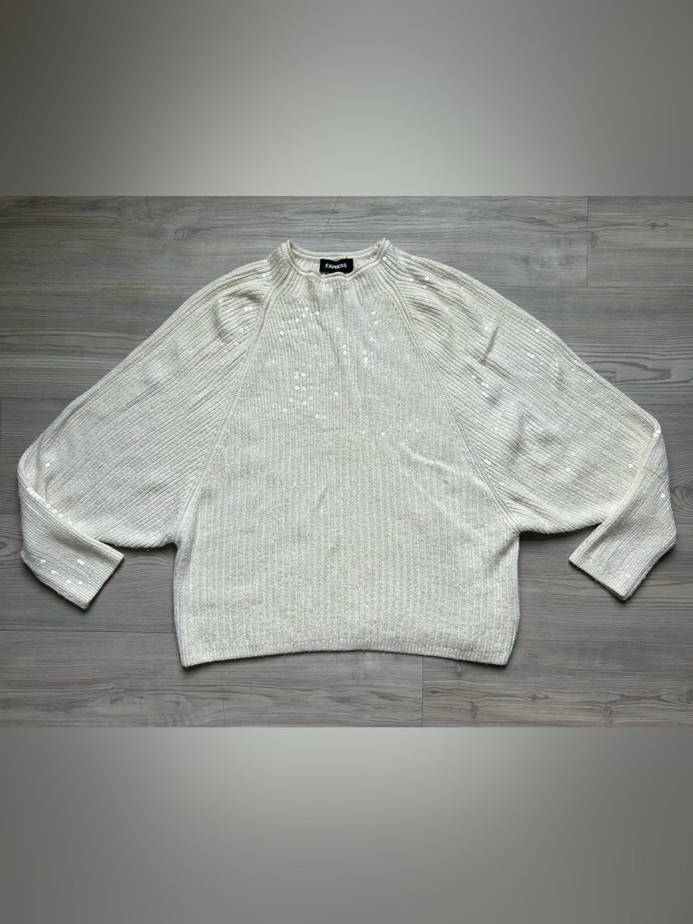 Express Women's Cream Sequin Ribbed Crew Sweater